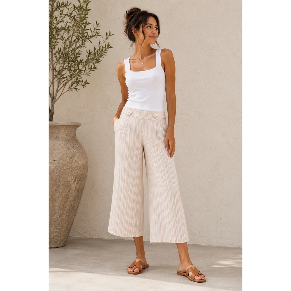 Croft & Barrow Womens Pink Striped Linen Wide Leg Crop Pull On Pants Size Small